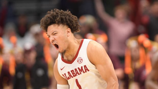 Mar 12, 2023; Nashville, TN, USA; Alabama Crimson Tide guard Mark Sears (1) celebrates a made three against the Texas A&M Aggies during the first half at Bridgestone Arena. Mandatory Credit: Steve Roberts-USA TODAY Sports
